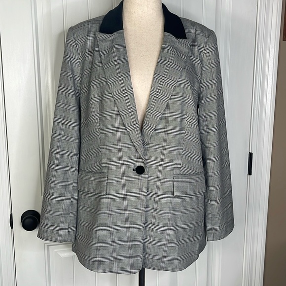 Tall Plaid Velvet Collar Long Modern Blazer Sz 14 - Picture 3 of 13